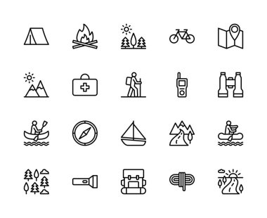 Açık havada seyahat vektörü doğrusal simgeleri ayarlandı. Dış seyahat, çadır, kamp ateşi, şenlik ateşi, bisiklet, harita, güneş gibi ikonlar içerir. Beyaz arkaplanda dış seyahat için izole simge koleksiyonu.
