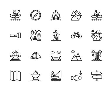 Açık havada seyahat vektörü doğrusal simgeleri ayarlandı. Dış seyahat, rafting, nehir, kano, pusula, şenlik ateşi gibi ikonlar içeriyor. Beyaz arkaplanda dış seyahat için izole simge koleksiyonu.