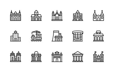 Vektör doğrusal simgeleri oluşturuluyor ve yapılandırılıyor. Üniversite, kütüphane, hastane, liman, fabrika, kale gibi ikonlar içerir. Beyaz arkaplandaki binaların izole ikon koleksiyonu.