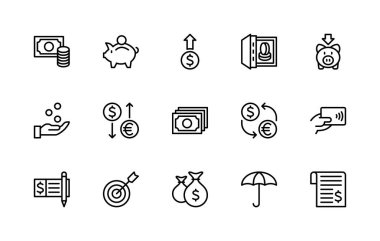 Para tasarrufu ve finans vektörü doğrusal simgeleri ayarlandı. Para, fatura, domuz kumbarası, bozuk para, dolar, kar, boy, güvenli ve daha fazlası gibi izole ikon koleksiyonu. Parayla ilgili izole simge koleksiyonu.