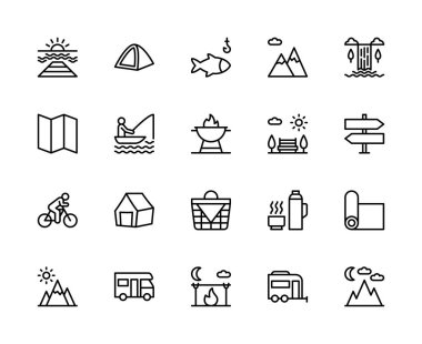 Açık havada seyahat vektörü doğrusal simgeleri ayarlandı. Güneş, ufuk, gündoğumu, deniz, rıhtım, çadır, balık, dağlar gibi ikonlar içerir. Beyaz arkaplanda dış seyahat için izole simge koleksiyonu.