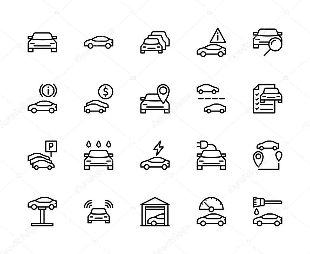 Automobile vector linear icons set. Contains such icons as stop signal, car showroom, brakes, cars sale, route, road, movement and more. Isolated car related icons collection on white background.