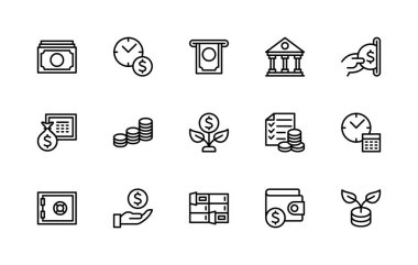 Para tasarrufu ve finans vektörü doğrusal simgeleri ayarlandı. Para, para, para, fatura, paket, zaman, saat, dolar, ATM, banka ve daha fazlası gibi izole ikon koleksiyonu. Parayla ilgili izole simge koleksiyonu.