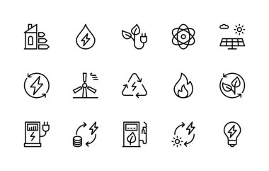 Enerji tasarrufu vektör doğrusal simgeleri ayarlandı. Akıllı Ev, su, yeşil enerji, yenilenebilir enerji, güneş enerjisi ve daha fazlası gibi izole ikon koleksiyonu. Enerji tasarrufu ile ilgili izole simge koleksiyonu.