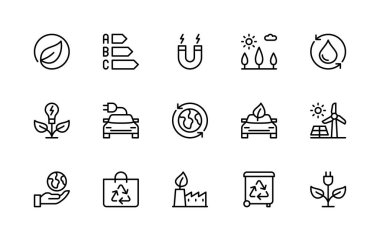 Enerji tasarrufu vektör doğrusal simgeleri ayarlandı. Enerji verimliliği, yeşil enerji, yenilenebilir enerji, güneş panelleri ve daha fazlası gibi izole ikon koleksiyonu. Enerji tasarrufu ile ilgili izole simge koleksiyonu.