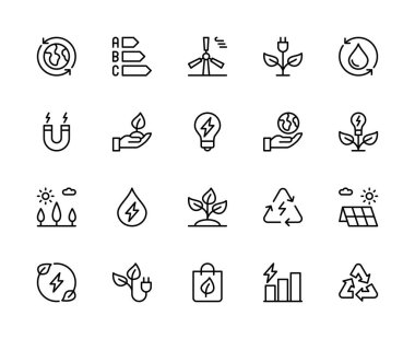 Enerji tasarrufu vektör doğrusal simgeleri ayarlandı. Enerji tasarrufu, enerji verimliliği, yeşil enerji, enerji maliyetleri ve daha fazlası gibi ikonlar içerir. Beyaz arkaplanda enerji tasarrufu için izole simge koleksiyonu.