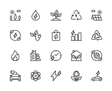 Enerji tasarrufu vektör doğrusal simgeleri ayarlandı. Enerji tüketim seviyesi, yeşil ev, güneş panelleri ve daha fazlası gibi ikonlar içeriyor. Beyaz arkaplanda enerji tasarrufu için izole simge koleksiyonu.