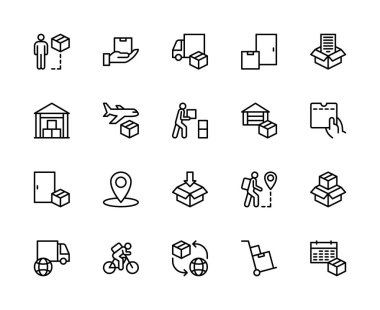 Kargo teslimatı vektör doğrusal simgeleri ayarlandı. Teslimat, kurye, kutu, kamyon, teslimat servisi, makbuz ve daha fazlası gibi ikonlar içeriyor. Beyaz arkaplanda kargo teslimatının izole edilmiş ikon koleksiyonu.
