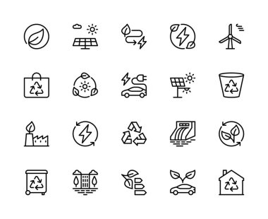 Enerji tasarrufu vektör doğrusal simgeleri ayarlandı. Güneş enerjisi, rüzgar enerjisi, su enerjisi, enerji yönetimi ve daha fazlası gibi ikonlar içerir. Beyaz arkaplanda enerji tasarrufu için izole simge koleksiyonu.