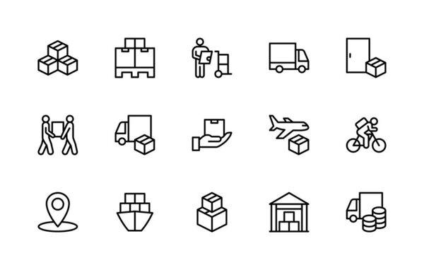Cargo delivery vector linear icons set. Isolated icon collection such as delivery, cargo, box, pallet, truck, door, express delivery and more. Isolated icon collection of cargo delivery related.