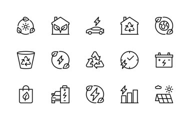 Enerji tasarrufu vektör doğrusal simgeleri ayarlandı. Güneş enerjisi, yeşil enerji, elektrikli araba, yenilenebilir enerji, Dünya ve daha fazlası gibi izole ikon koleksiyonu. Enerji tasarrufu ile ilgili izole simge koleksiyonu.