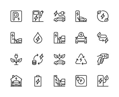 Araba şarj istasyonu vektör doğrusal simgeleri ayarlandı. Park yeri, araba şarj aleti, şarj ikonu, araba, araba ve daha fazlası gibi ikonlar içeriyor. Beyaz arkaplanda izole araba şarj simgeleri koleksiyonu.
