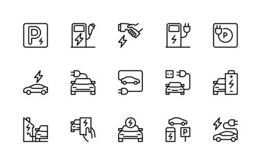 Araba şarj istasyonu vektör doğrusal simgeleri ayarlandı. İzole ikon koleksiyonu, park yeri, yeşil enerji, şarj ikonu, el, fiş ve daha fazlası gibi. Araç şarj istasyonunun izole ikon koleksiyonu.