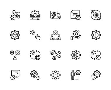 Vites ve dişli vektör doğrusal simgeleri ayarlandı. Teçhizat, anahtar, ayarlar, rotasyon, el, otomobil, çark, eko ve daha fazlası gibi simgeler içerir. Beyaz arkaplanda izole edilmiş Gear simgeleri koleksiyonu.