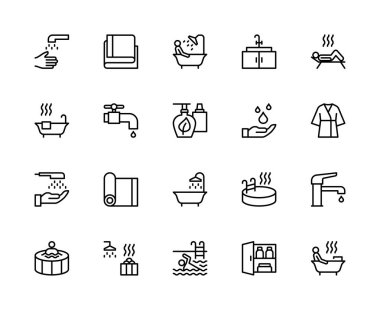 Duş alma ve yıkanma vektör doğrusal simgeleri ayarlandı. El yıkama, musluk, havlu, duş, küvet gibi ikonlar içeriyor. Beyaz arkaplanda izole edilmiş hijyen ikonları koleksiyonu.