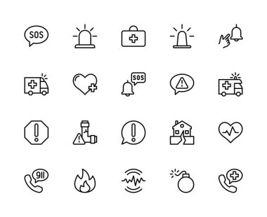 Acil durum vektör doğrusal simgeleri ayarlandı. SOS, siren, ilk yardım, tehlike alarmı, uyarı, çapraz ve daha fazlası gibi simgeler içeriyor. Beyaz arkaplanda izole edilmiş acil durum simgeleri koleksiyonu.