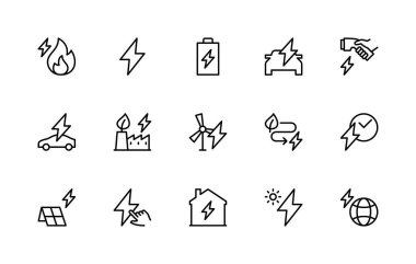 Enerji bağlantılı vektör doğrusal simgeleri ayarlandı. Yangın, yıldırım, pil, elektrikli araba, şarj istasyonu, yel değirmeni gibi izole ikon koleksiyonu. Enerji kaynaklı izole simge koleksiyonu.