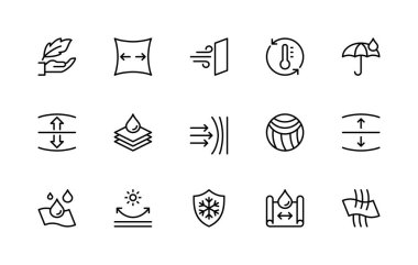 Kumaş özellikleri ilgili vektör doğrusal simgeleri ayarlandı. Hafif, esnek, nefes alabilen, termal yalıtım ve daha fazlası gibi izole ikon koleksiyonu. Kumaşla ilgili izole simge koleksiyonu.