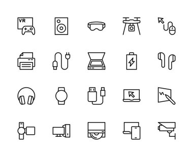 Elektronik cihazlarla ilgili vektör doğrusal simgeleri ayarlandı. VR kulaklık, hoparlör, dron, fare, yazıcı ve daha fazlası gibi simgeler içerir. Beyaz arkaplanda izole elektronik ikonlar koleksiyonu.