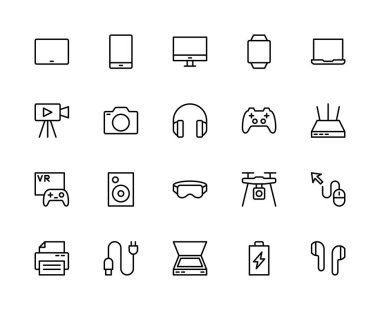 Elektronik cihazlarla ilgili vektör doğrusal simgeleri ayarlandı. Tablet, telefon, monitör, akıllı saat, dizüstü bilgisayar gibi simgeler içeriyor. Beyaz arkaplanda izole elektronik ikonlar koleksiyonu.