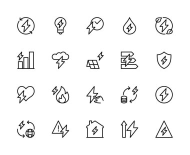 Enerji bağlantılı vektör doğrusal simgeleri ayarlandı. Enerji, ampul, zaman, su enerjisi, yeşil enerji, biyoyakıt, ekoloji gibi ikonlar içerir. Beyaz arkaplanda izole edilmiş enerji koleksiyonu.