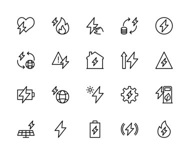 Enerji bağlantılı vektör doğrusal simgeleri ayarlandı. Yıldırım, dünya, akıllı ev, pil, elektrik mühendisliği, enerji gibi ikonlar içerir. Beyaz arkaplanda izole edilmiş enerji koleksiyonu.
