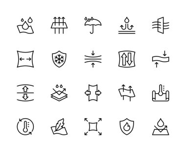 Kumaş özellikleri ilgili vektör doğrusal simgeleri ayarlandı. Suya dayanıklı, solunabilir, buza dayanıklı, yumuşak ve daha fazlası gibi ikonlar içeriyor. Beyaz arkaplanda yalıtılmış kumaşla ilgili simge koleksiyonu.