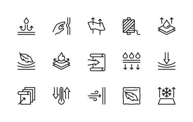 Kumaş özellikleri ilgili vektör doğrusal simgeleri ayarlandı. Su geçirmezlik, esneklik, iplikler, hafiflik, güç, kumaş ve daha fazlası gibi izole ikon koleksiyonu. Kumaşla ilgili izole simge koleksiyonu.