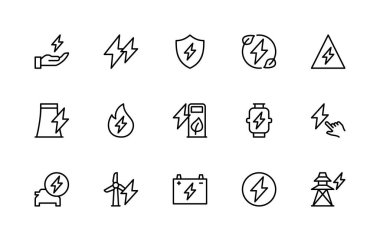 Enerji bağlantılı vektör doğrusal simgeleri ayarlandı. Amblem, rüzgar türbini, elektrik santrali, elektrikli araba, pil, yangın, güç ve daha fazlası gibi izole ikon koleksiyonu. Enerji kaynaklı izole simge koleksiyonu.