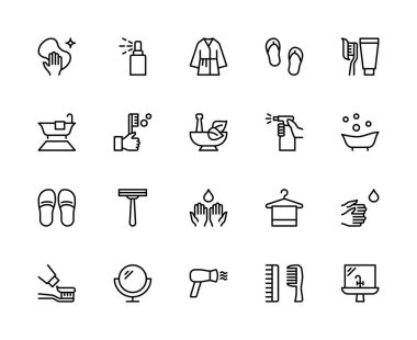 Duş alma ve yıkanma vektör doğrusal simgeleri ayarlandı. İçinde çamaşır, bornoz, terlik, diş fırçası, banyo ve daha fazlası gibi ikonlar var. Beyaz arkaplanda izole edilmiş hijyen ikonları koleksiyonu.