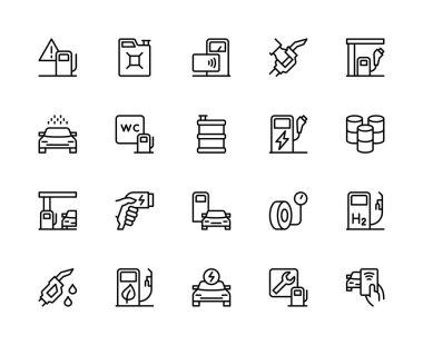 Benzin istasyonu bağlantılı vektör doğrusal simgeleri ayarlandı. Benzin istasyonu, teneke kutu, terminal, elektrikli araba, self servis, benzin ve daha fazlası gibi ikonlar içeriyor. İzole dolum istasyonu simgeleri koleksiyonu.