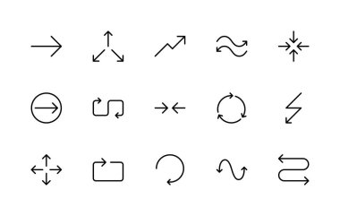 Oklarla ilgili vektör doğrusal simgeleri ayarlandı. Eğri, yuvarlak, yön, belirti, sonraki, önceki, yükleme, paylaşma, senkronize ve daha fazlası gibi izole simge koleksiyonu. İlgili okların izole simge koleksiyonu.