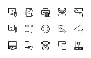 Elektronik cihazlarla ilgili vektör doğrusal simgeleri ayarlandı. Televizyon, cihaz, akıllı telefon, yazıcı, dron, kamera ve daha fazlası gibi izole ikon koleksiyonu. Elektroniklerin izole edilmiş simge koleksiyonu.