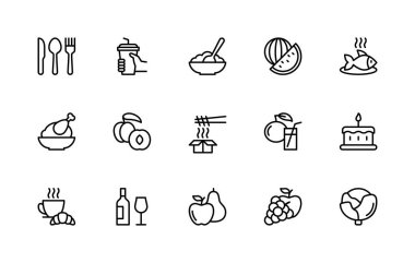 Gıda bağlantılı vektör doğrusal simgeleri ayarlandı. Karpuz, balık, tavuk, şeftali, yulaf, portakal, kek, elma, armut ve daha fazlası gibi izole ikon koleksiyonu. İzole edilmiş ikon yemek koleksiyonu.
