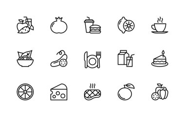Gıda bağlantılı vektör doğrusal simgeleri ayarlandı. Elma, havuç, nar, fast food, kahve, salata, biftek, peynir, et ve daha fazlası gibi izole ikon koleksiyonu. İzole edilmiş ikon yemek koleksiyonu.