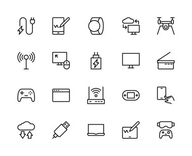 Elektronik cihazlarla ilgili vektör doğrusal simgeleri ayarlandı. Şarj aleti, akıllı telefon, akıllı saat, Wi-Fi, fare ve daha fazlası gibi simgeler içerir. Beyaz arkaplanda izole elektronik ikonlar koleksiyonu.