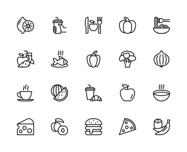 Yemek ile ilgili vektör doğrusal simgeleri ayarlandı. Limon, kokteyl, elma, çatal, bıçak, havuç, balık, biber, brokoli gibi ikonlar içerir. Beyaz arkaplanda izole gıda ikonları koleksiyonu.