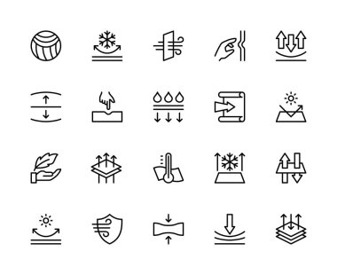 Kumaş özellikleri ilgili vektör doğrusal simgeleri ayarlandı. İplik, yoğunluk, yumuşaklık, esneklik, hafiflik ve daha fazlası gibi simgeler içerir. Beyaz arkaplanda yalıtılmış kumaşla ilgili simge koleksiyonu.