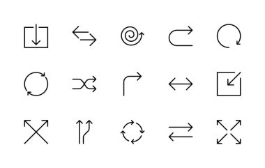 Oklarla ilgili vektör doğrusal simgeleri ayarlandı. Yük, paylaşım, eşzamanlama, karıştırma, takas, transfer, hareket, navigasyon, imleç ve daha fazlası gibi izole simge koleksiyonu. İlgili okların izole simge koleksiyonu.