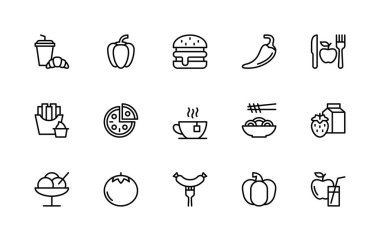 Gıda bağlantılı vektör doğrusal simgeleri ayarlandı. Ayçöreği, içecek, biber, burger, elma, patates kızartması, pizza, çay, kahve ve daha fazlası gibi izole ikon koleksiyonu. İzole edilmiş ikon yemek koleksiyonu.