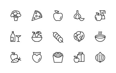 Gıda bağlantılı vektör doğrusal simgeleri ayarlandı. İzole ikon koleksiyonu brokoli, pizza, elma, sarımsak, blender, şiş, lahana, meyve suyu, kokteyl ve daha fazlası gibi. İzole edilmiş ikon yemek koleksiyonu.