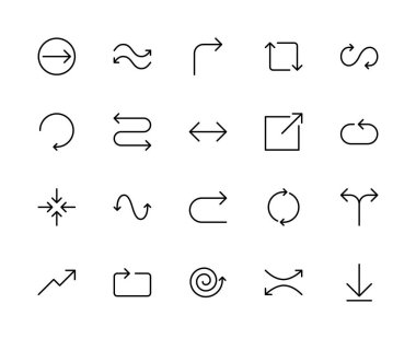 Oklarla ilgili vektör doğrusal simgeleri ayarlandı. İşaretçi, imleç, yön, hareket, navigasyon, ok, arayüz gibi simgeleri içerir. Beyaz arkaplanda izole edilmiş okla ilgili simgeler koleksiyonu.