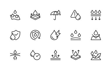 Su direnci bağlantılı vektör doğrusal simgeleri ayarlandı. Kumaş, damla, suya dayanıklı, suya dayanıklı, koruma ve daha fazlası gibi izole ikon koleksiyonu. Su geçirmez ikon koleksiyonu.