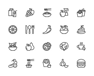 Yemek ile ilgili vektör doğrusal simgeleri ayarlandı. Meyve suyu, kokteyl, üzüm, spagetti, blender, patates kızartması, meyve ve daha fazlası gibi ikonlar içeriyor. Beyaz arkaplanda izole gıda ikonları koleksiyonu.