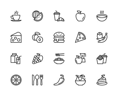 Yemek ile ilgili vektör doğrusal simgeleri ayarlandı. Bardak, çay, karpuz, pasta, kruvasan, elma, çorba, peynir, hamburger gibi ikonlar içerir. Beyaz arkaplanda izole gıda ikonları koleksiyonu.