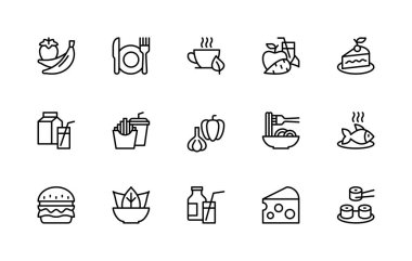 Gıda bağlantılı vektör doğrusal simgeleri ayarlandı. Çilek, muz, çay, elma, havuç, pasta, meyve suyu, patates kızartması, sarımsak ve daha fazlası gibi izole ikon koleksiyonu. İzole edilmiş ikon yemek koleksiyonu.