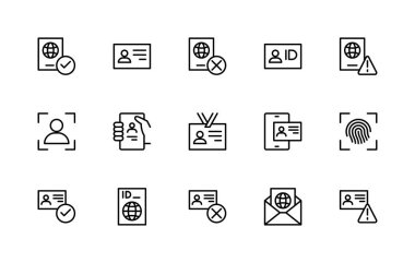Kimlikle ilgili vektör doğrusal simgeleri ayarlandı. Kimlik doğrulama, profil, güvenlik, doğrulama, kimlik doğrulama ve daha fazlası gibi izole simge koleksiyonu. Kimlik kartının izole simge koleksiyonu.