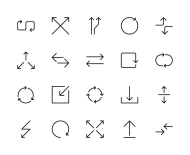 Oklarla ilgili vektör doğrusal simgeleri ayarlandı. Eğimli, yuvarlak, dairesel, yeniden yükleme, tazeleme, geri alma, tekrar etme, yön bulma gibi simgeler içerir. Beyaz arkaplanda izole edilmiş okla ilgili simgeler koleksiyonu.