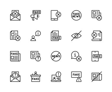 Sahte Haber bağlantılı vektör doğrusal simgeleri ayarlandı. Medya, doğrulama, gerçekler, propaganda, tıklamalar, dedikodular gibi ikonlar içeriyor. Beyaz arkaplanda sahte haber ikonları koleksiyonu.