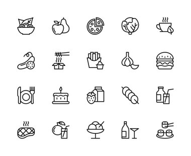 Yemek ile ilgili vektör doğrusal simgeleri ayarlandı. Salata, elma, armut, pizza, kahve, çay, lahana, salatalık, yemek gibi ikonlar içerir. Beyaz arkaplanda izole gıda ikonları koleksiyonu.